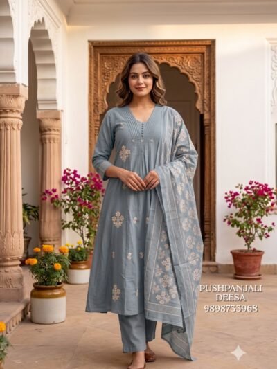 Dusty Blue Cotton Embroidered Kurta Pant Dupatta Set