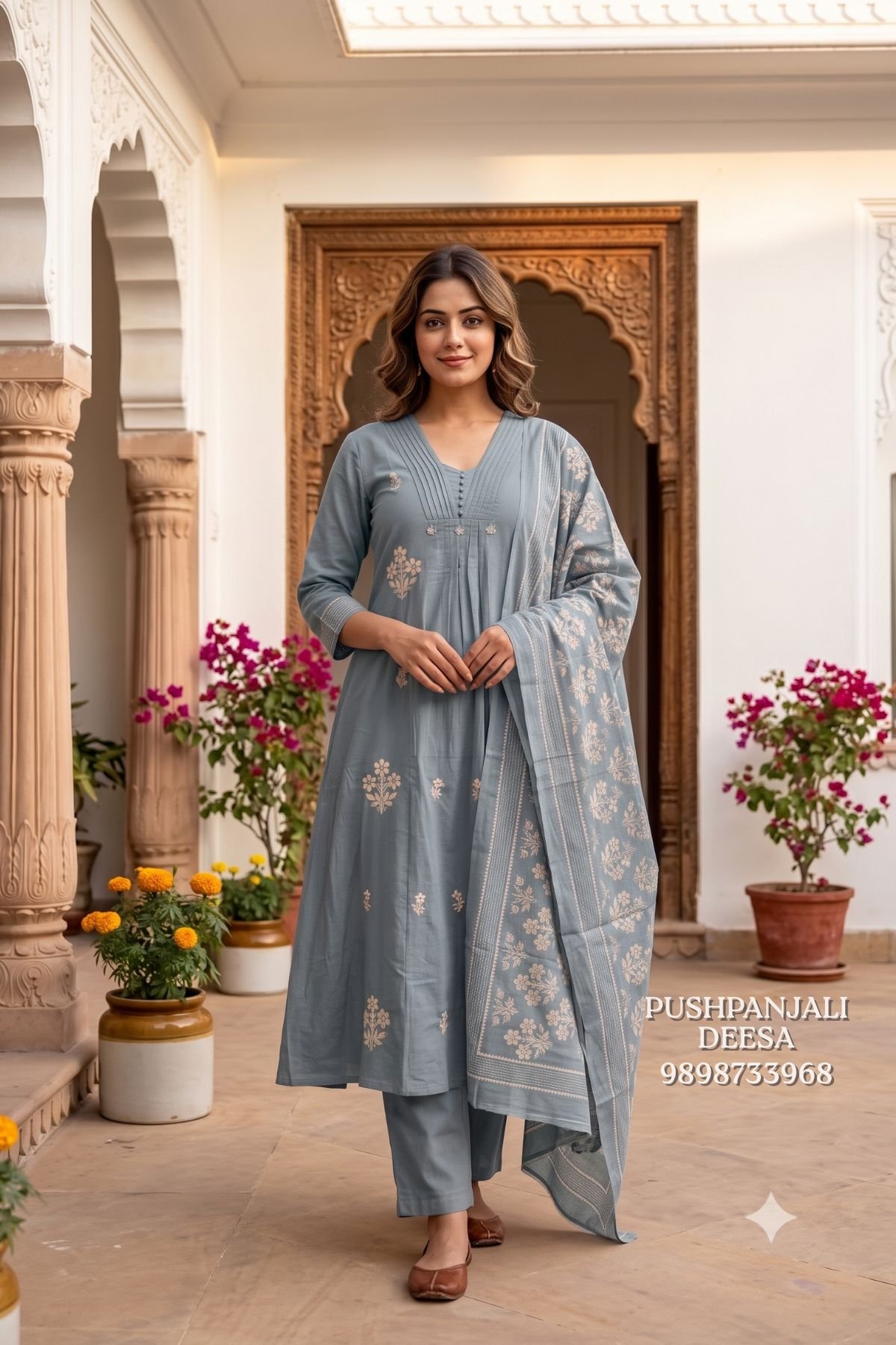 Dusty Blue Cotton Embroidered Kurta Pant Dupatta Set