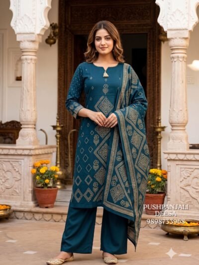 Teal Blue Printed Kurta Pant Set with Dupatta