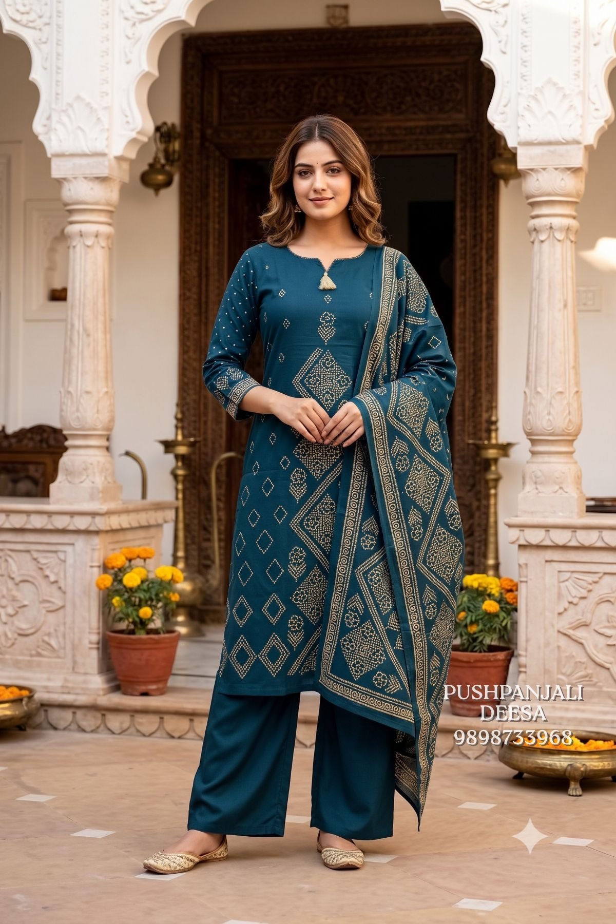 Teal Blue Printed Kurta Pant Set with Dupatta