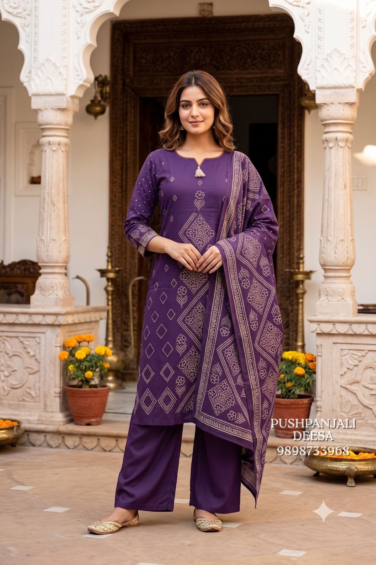 Purple Printed Kurta Pant Set with Dupatta