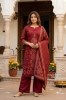 Maroon Printed Kurta Pant Set with Dupatta