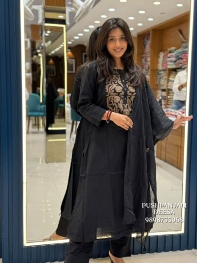 Black Pure Cotton Embroidered Kurta Pant Set