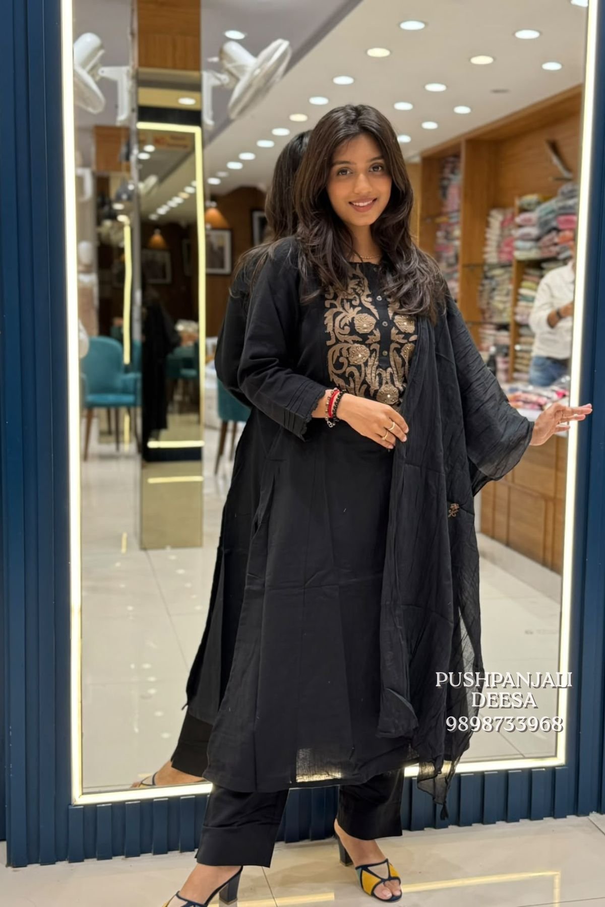 Black Pure Cotton Embroidered Kurta Pant Set