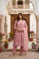 Dusty Pink Cotton Embroidered Kurta Pant Dupatta Set