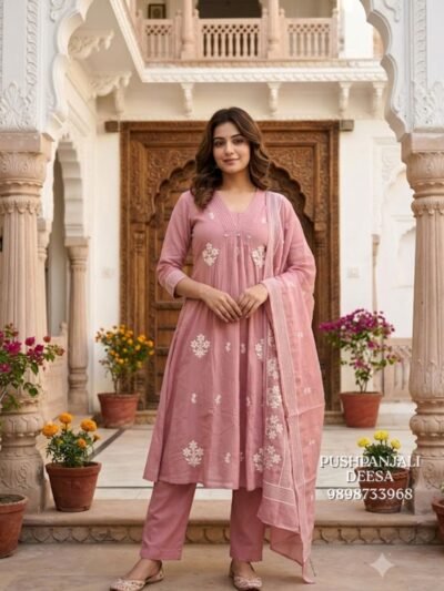 Dusty Pink Cotton Embroidered Kurta Pant Dupatta Set