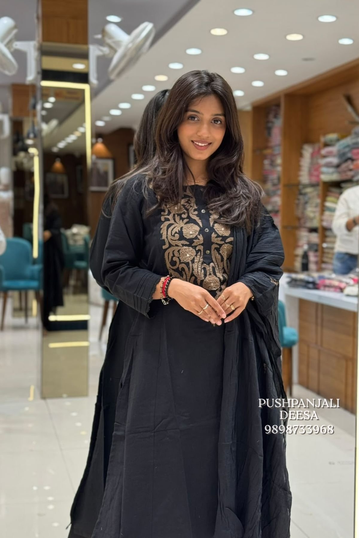 Black Pure Cotton Embroidered Kurta Pant Set - Image 2