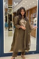 Olive Brown Embroidered Pure Cotton Kurta Pant Set with Dupatta
