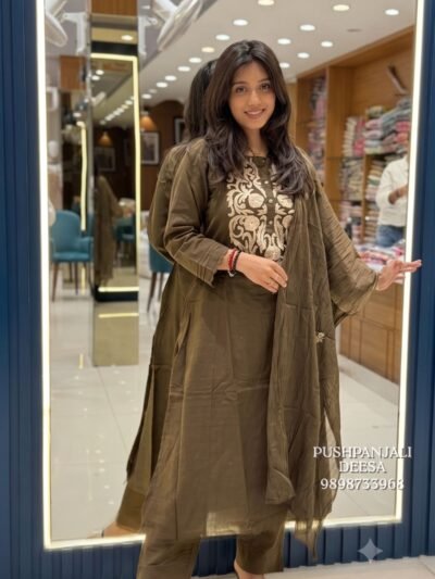 Olive Brown Embroidered Pure Cotton Kurta Pant Set with Dupatta