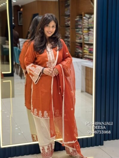 Rust Orange Embroidered Kurta Pant Set with Dupatta