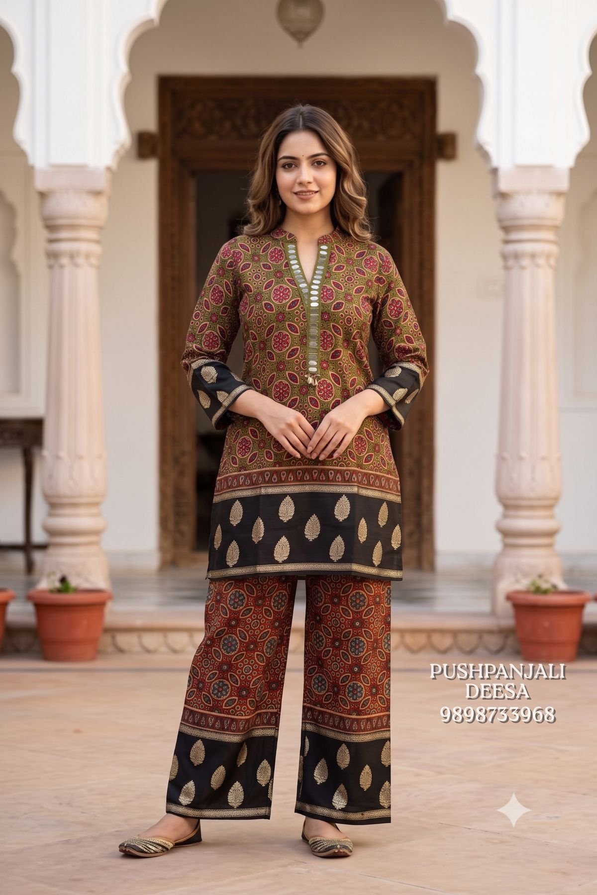 Designer Olive Green Mashru Gaggy Kurta Pant Set - Image 2
