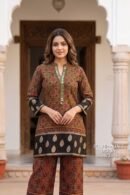 Designer Olive Green Mashru Gaggy Kurta Pant Set