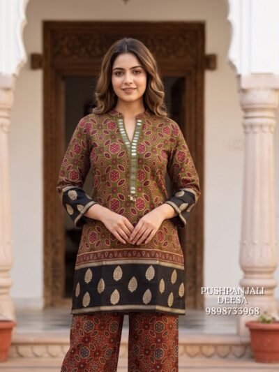 Designer Olive Green Mashru Gaggy Kurta Pant Set