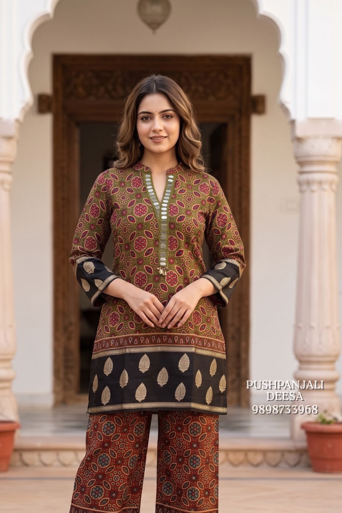 Designer Olive Green Mashru Gaggy Kurta Pant Set