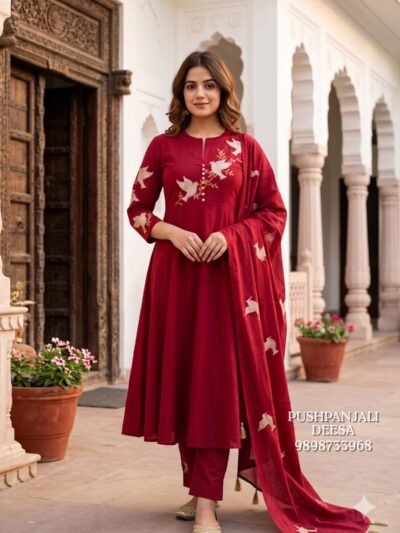 Red Pure Cotton A-Line Kurta Set