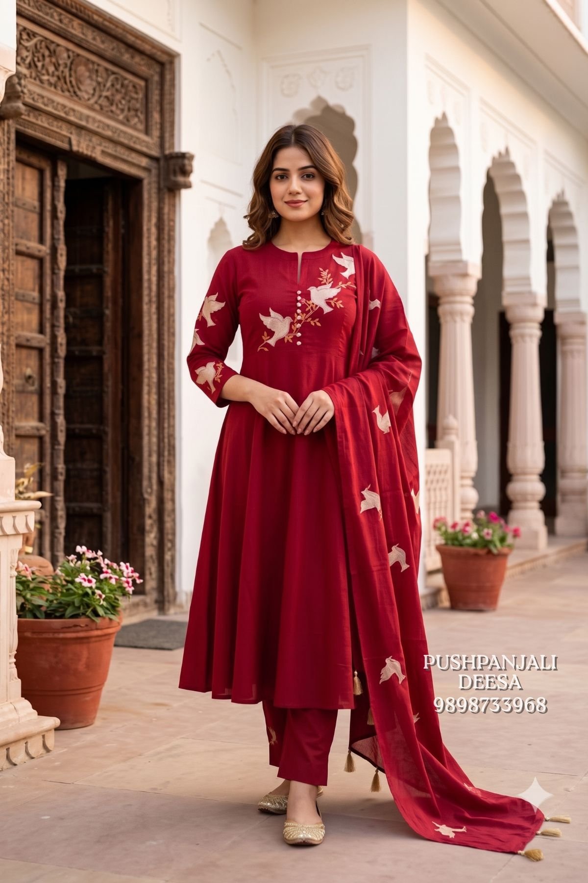 Red Pure Cotton A-Line Kurta Set
