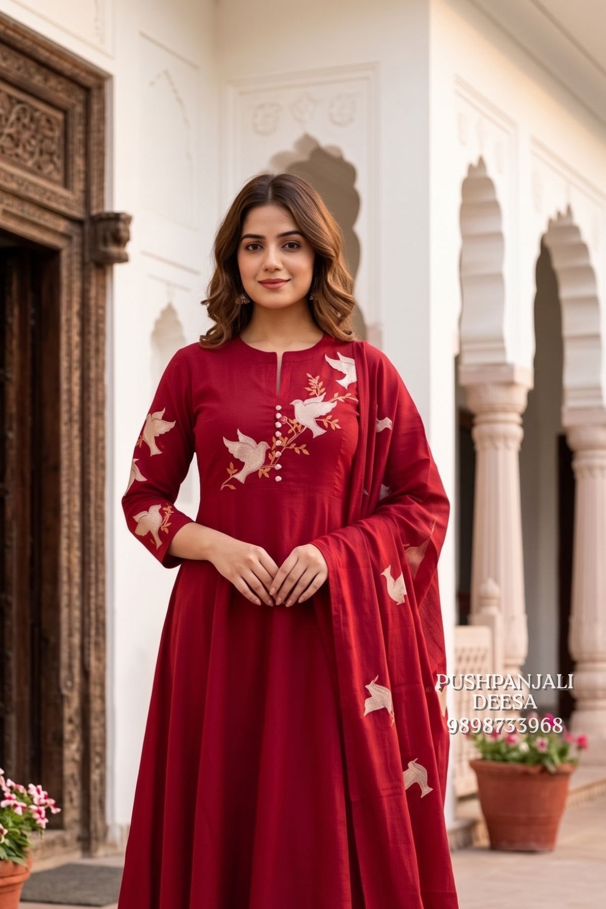 Red Pure Cotton A-Line Kurta Set - Image 2