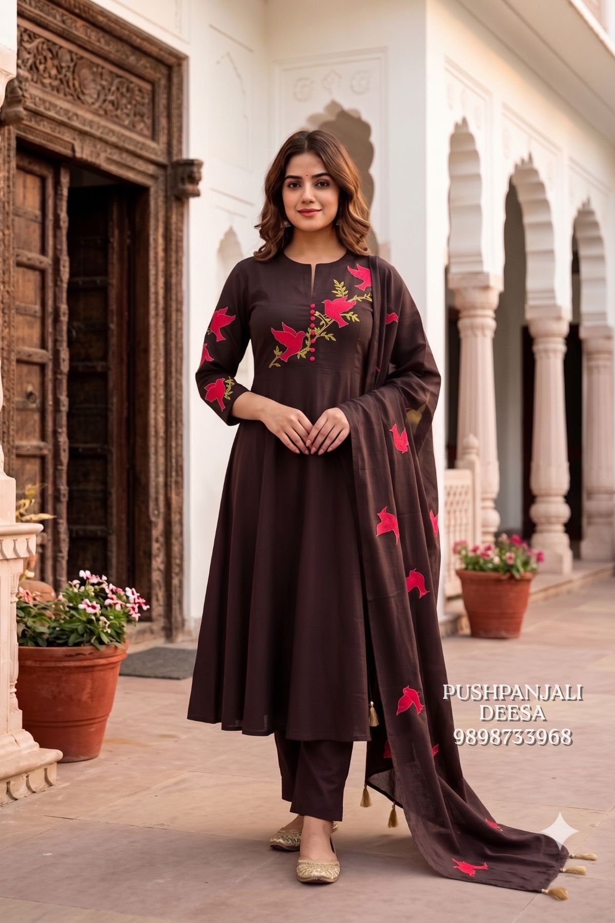 Brown Pure Cotton A-Line Kurta Set