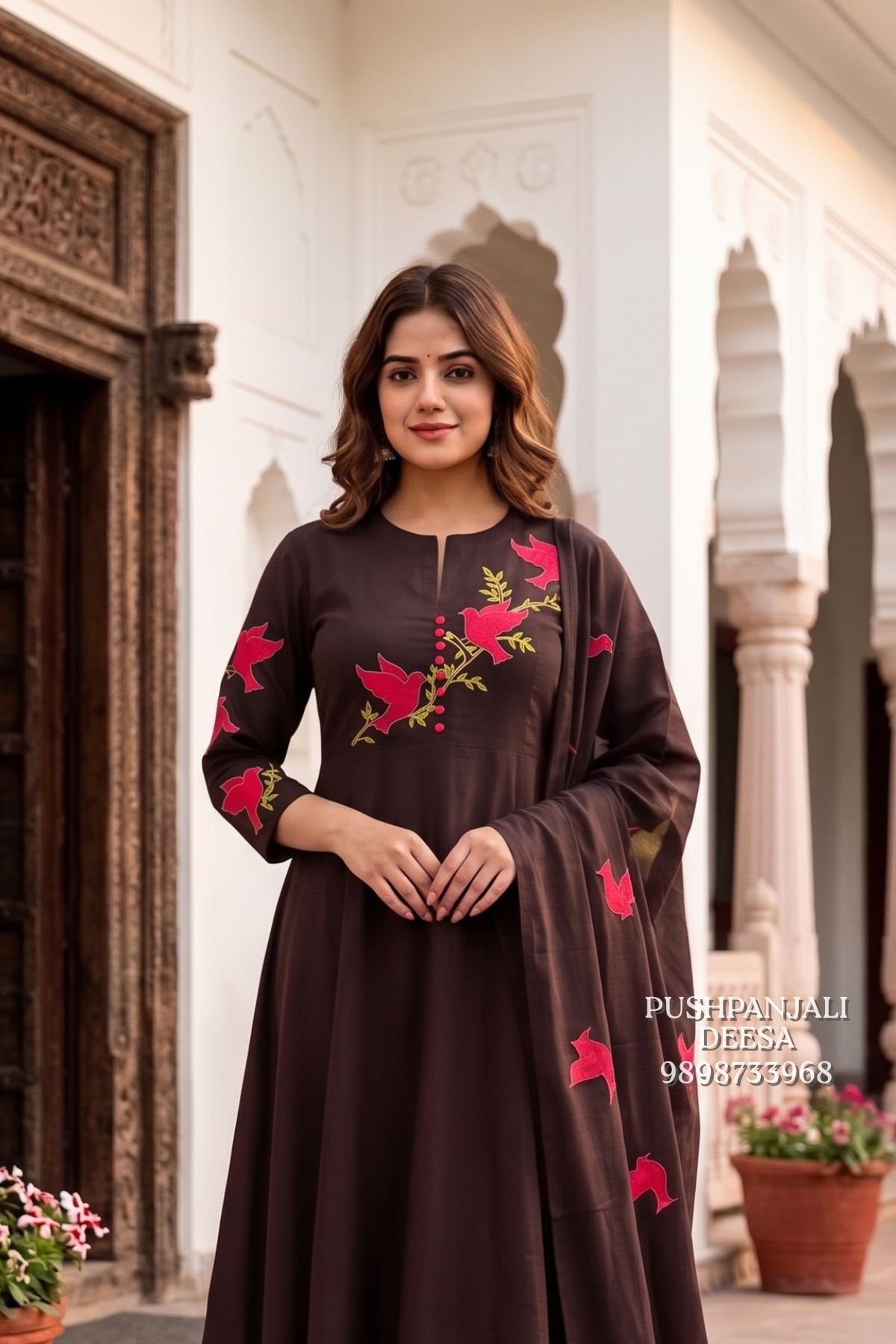 Brown Pure Cotton A-Line Kurta Set - Image 2