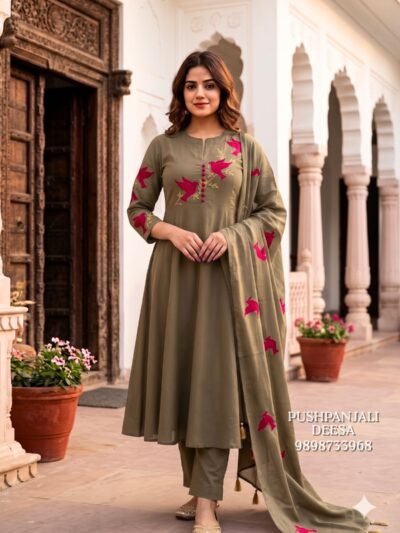 Olive Green Cotton A-Line Kurta Set