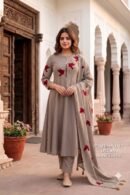 Grey Pure Cotton A-Line Kurta Pant Set with Dupatta