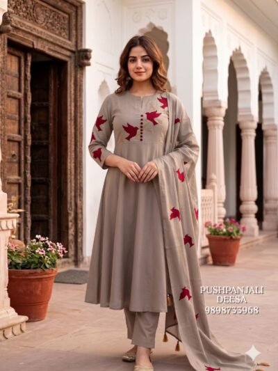 Grey Pure Cotton A-Line Kurta Pant Set with Dupatta