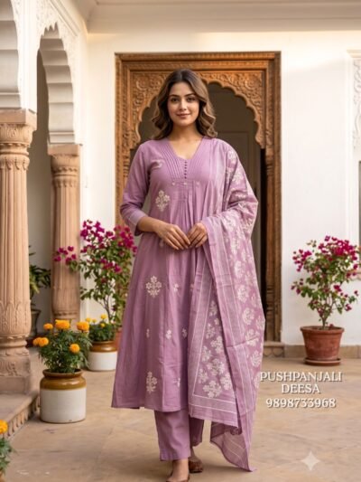 Lavender Cotton Embroidered Kurta Pant Dupatta Set
