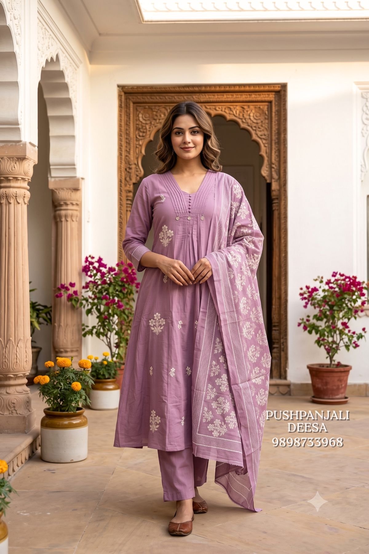 Lavender Cotton Embroidered Kurta Pant Dupatta Set