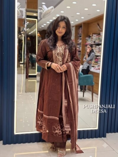 Brown Embroidered Kurta Pant Dupatta Set