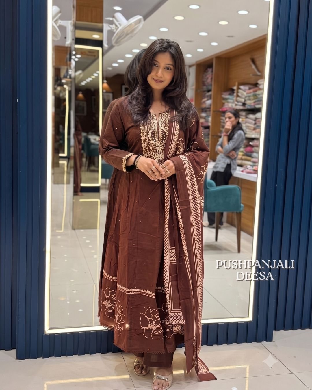 Brown Embroidered Kurta Pant Dupatta Set