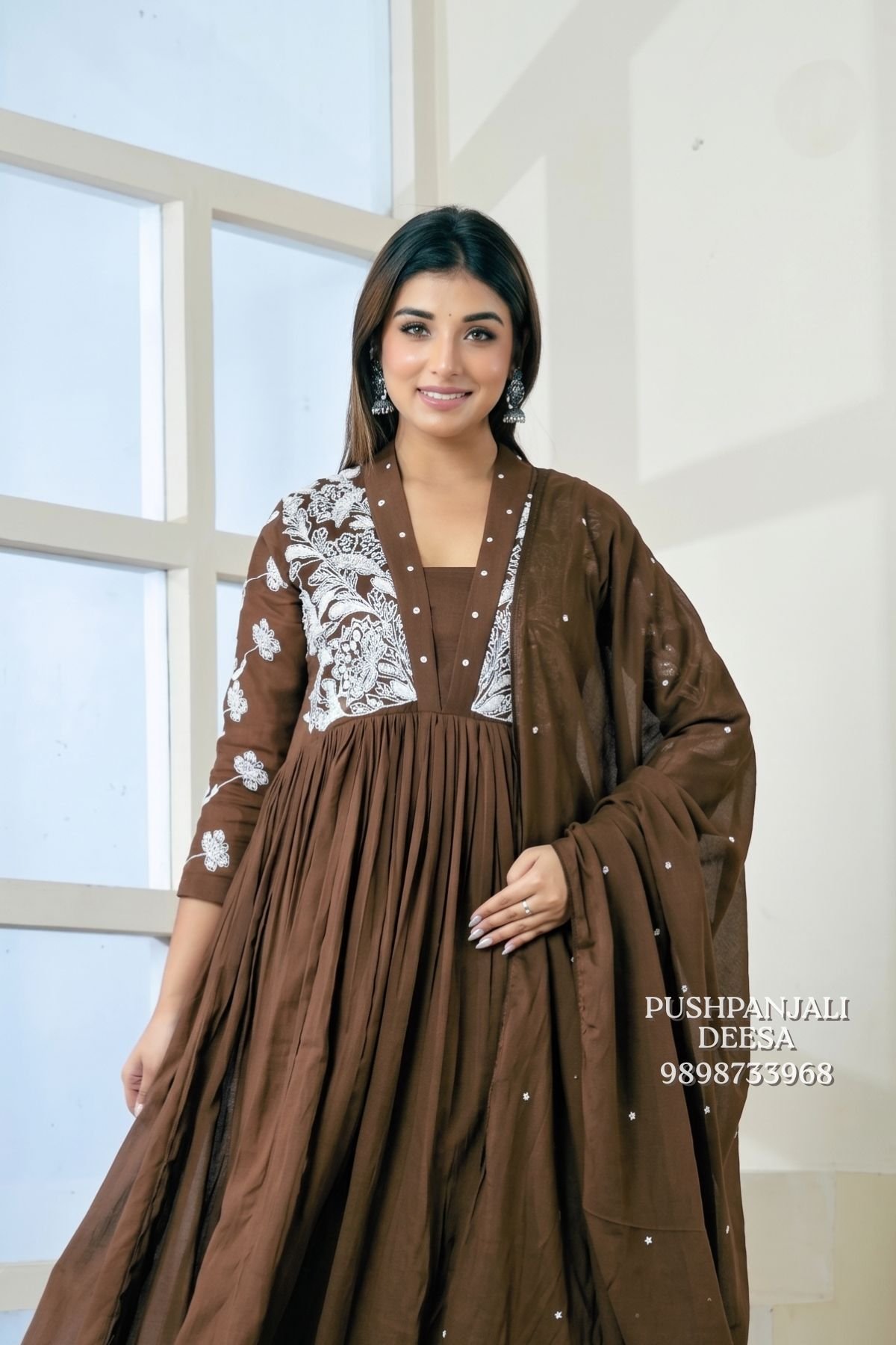 Chocolate Brown Mul Cotton Embroidered Kurta Pant - Image 2