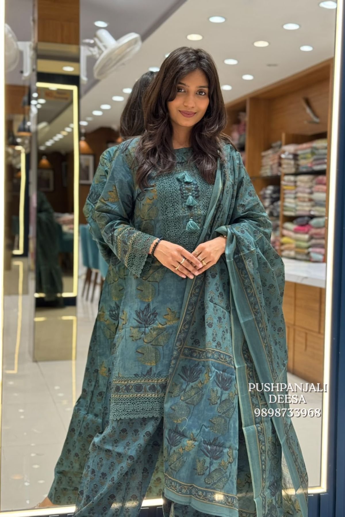 Teal Blue Printed Cotton Salwar Suit Set - Image 2