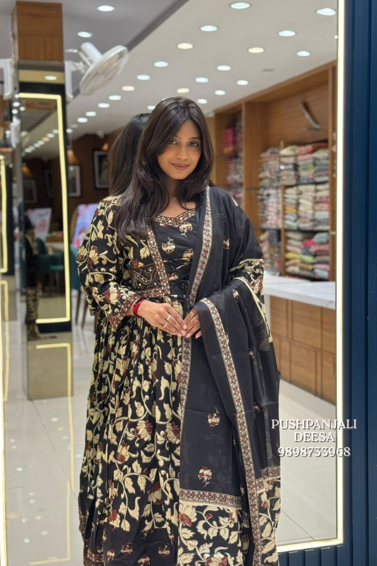 Black Floral Printed Anarkali Suit Set - Image 2