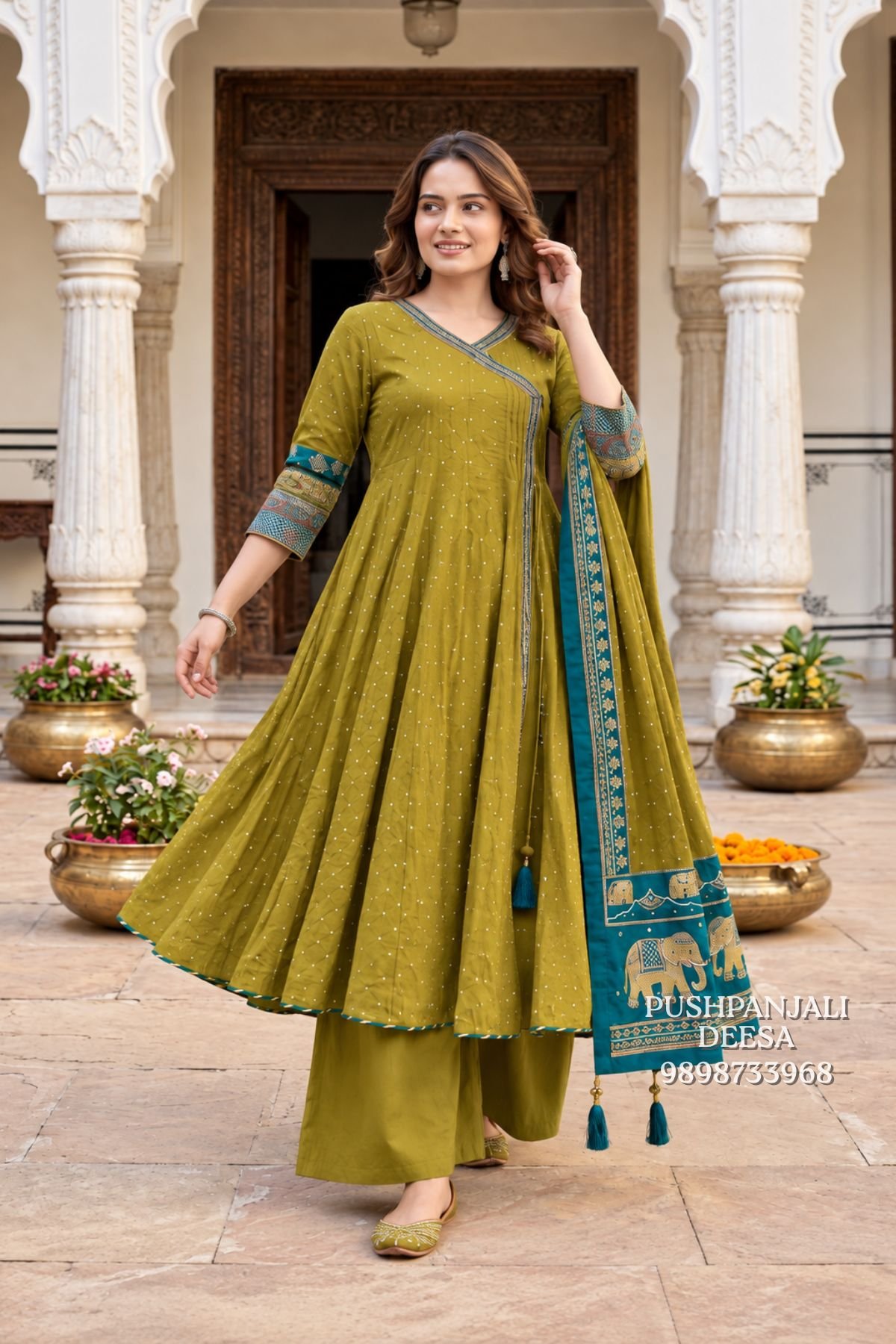 Olive Green Mul Chanderi Embroidered Anarkali Set - Image 4