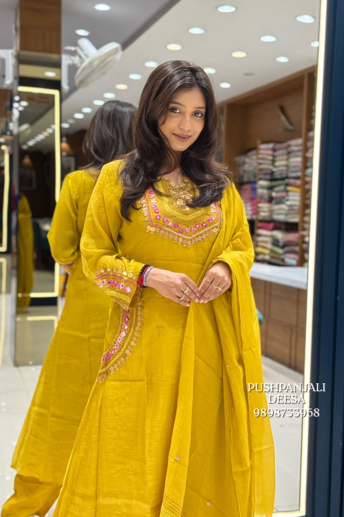 Mustard Yellow Embroidered Mul Chanderi Kurta Pant Set with Dupatta - Image 4