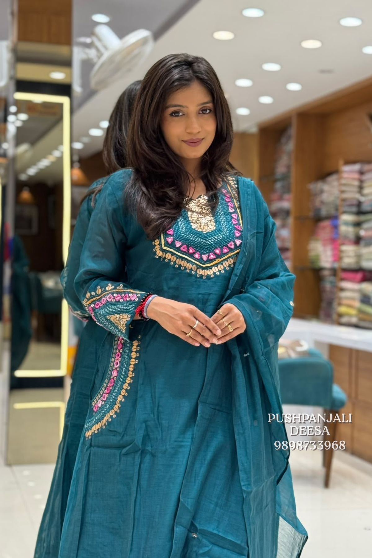 Teal Blue Embroidered Mul Chanderi Kurta Pant Set with Dupatta - Image 2
