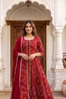 Red Bandhani Print Anarkali Kurta Pant Set with Dupatta