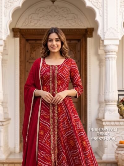 Red Bandhani Print Anarkali Kurta Pant Set with Dupatta