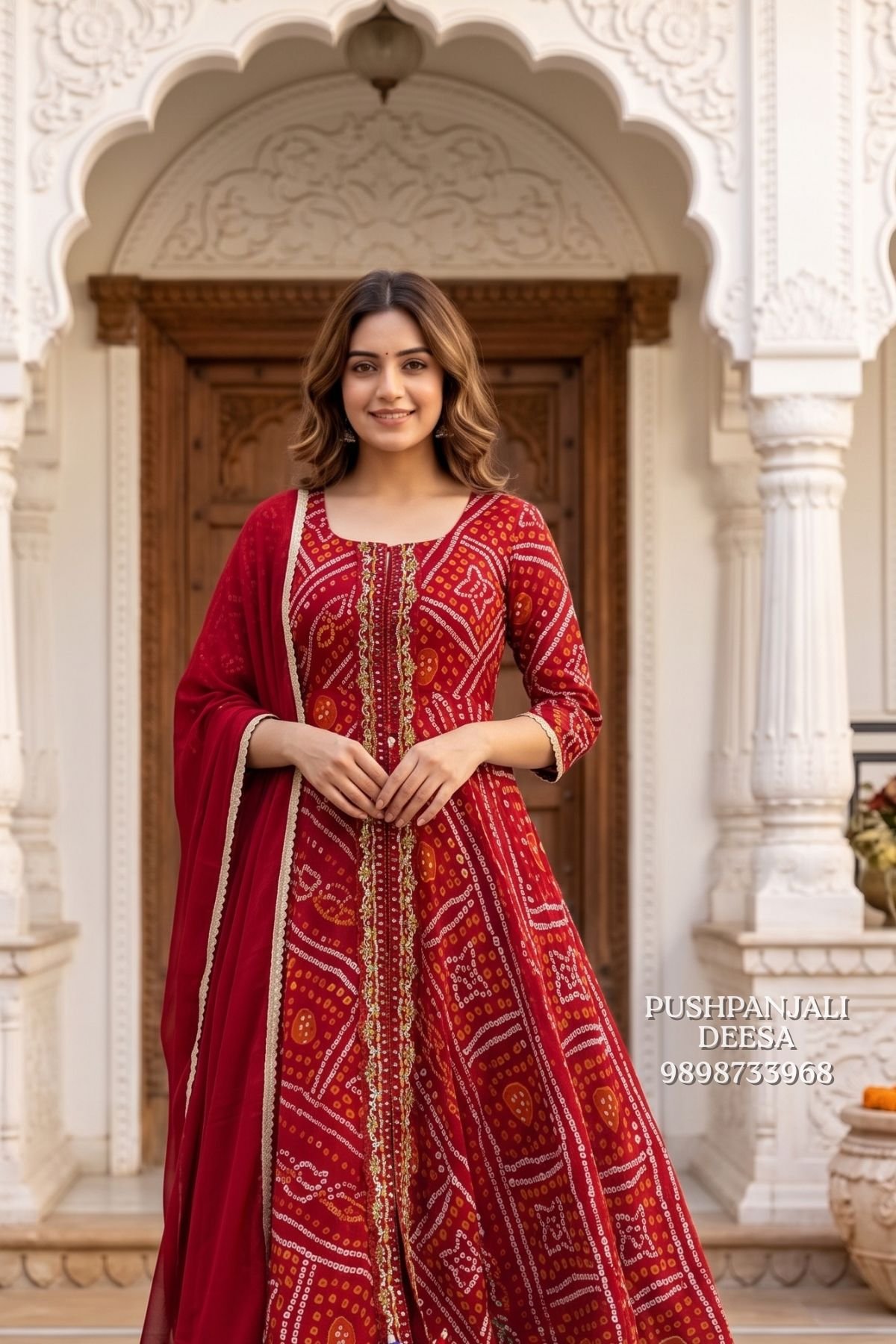 Red Bandhani Print Anarkali Kurta Pant Set with Dupatta