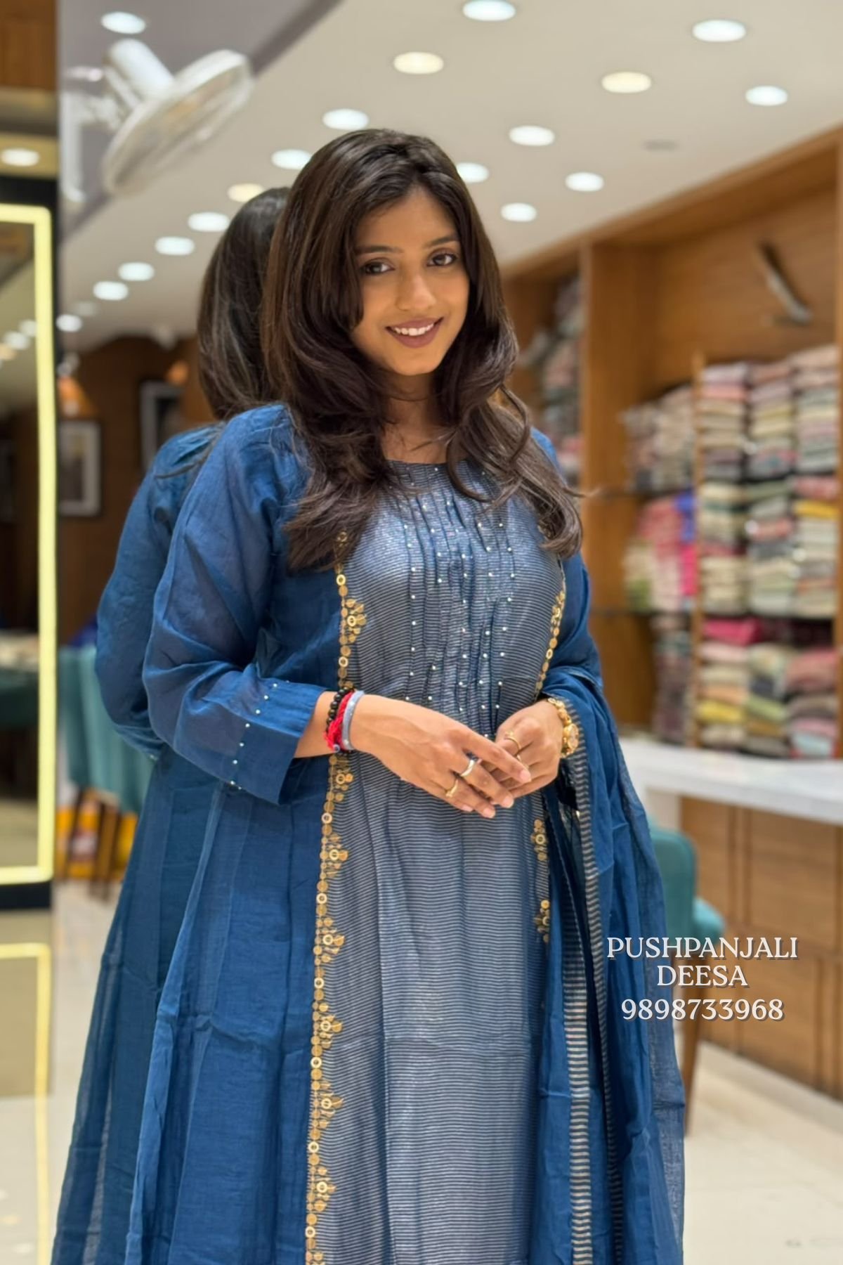 Navy Blue Embroidered Anarkali Kurta Pant Set with Dupatta - Image 2
