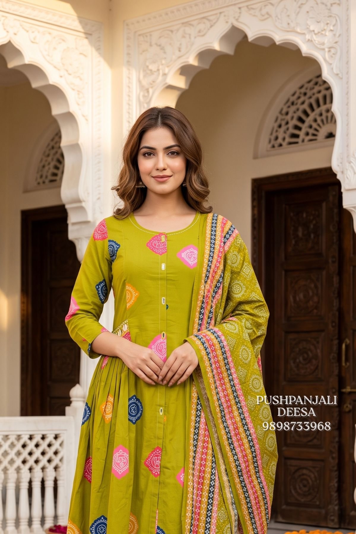 Olive Green Multicolor Printed Kurta Pant Set with Dupatta - Image 2