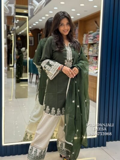 Dark Green Embroidered Kurta Pant Set with Dupatta