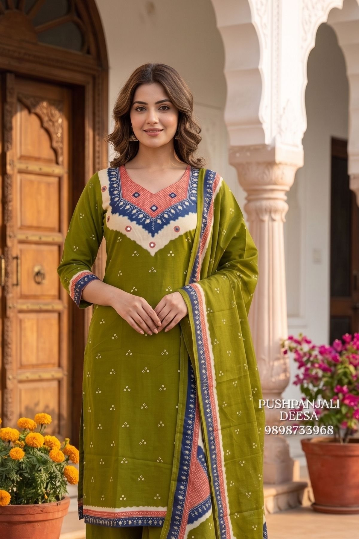 Olive Green Gaggy Silk Printed Suit Set - Image 2