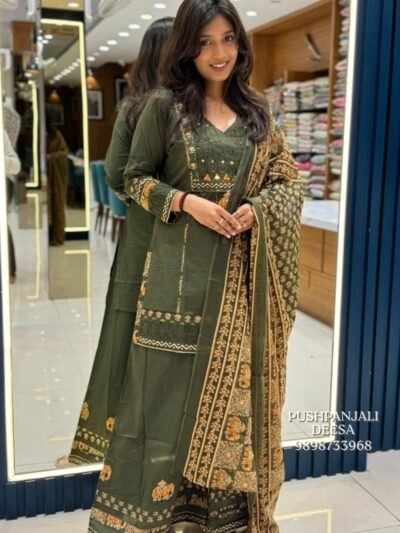Olive Green Printed Suit Set