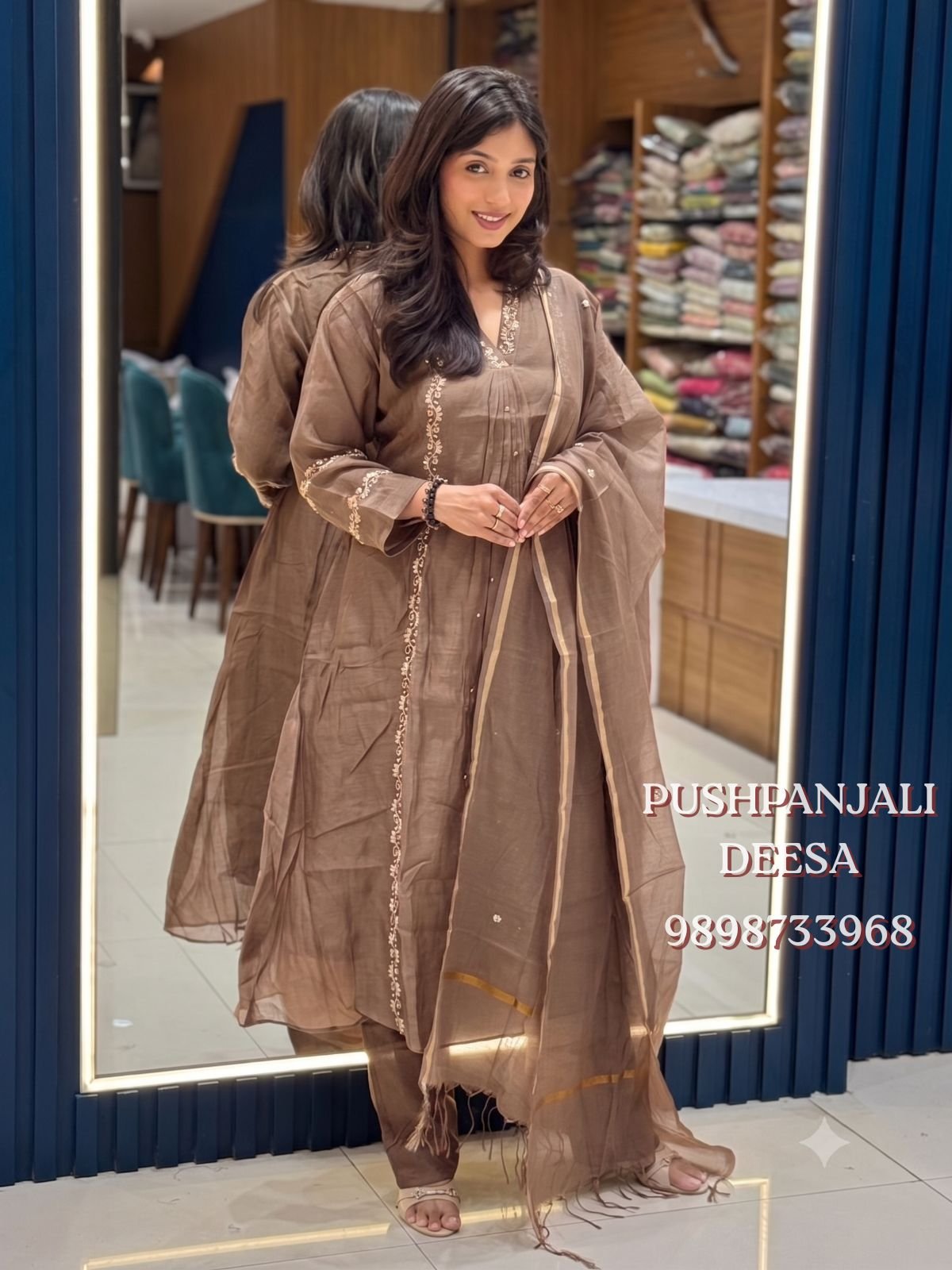 Brown Embroidered Kurta Pant Dupatta Set