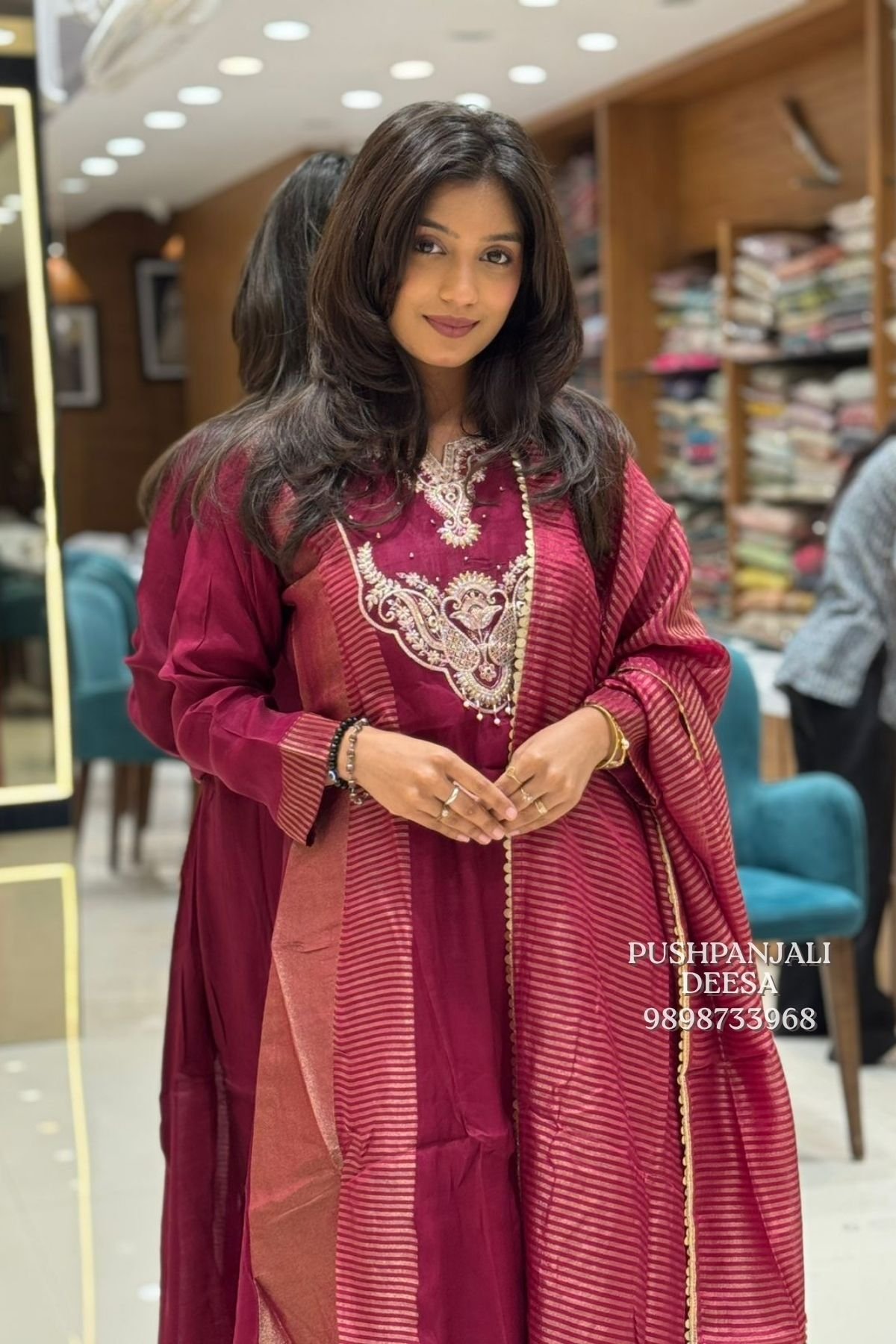 Wine Embroidered Kurta Pant Dupatta Set - Image 2