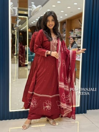 Maroon Embroidered Kurta Pant Dupatta Set