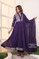 Purple Mul Cotton Embroidered Anarkali Kurta Pant Dupatta Set