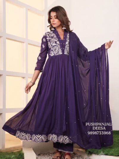 Purple Mul Cotton Embroidered Anarkali Kurta Pant Dupatta Set