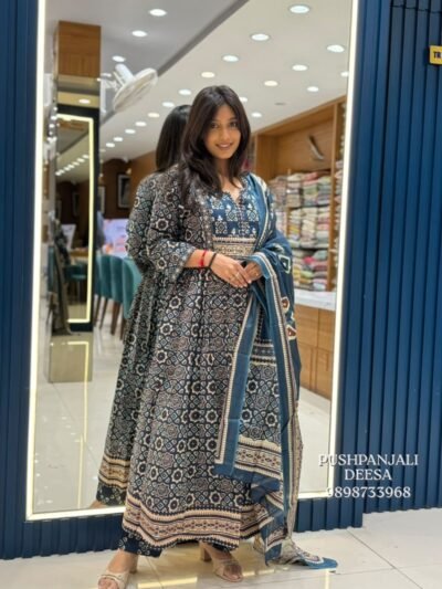 Blue Printed Anarkali Suit Set